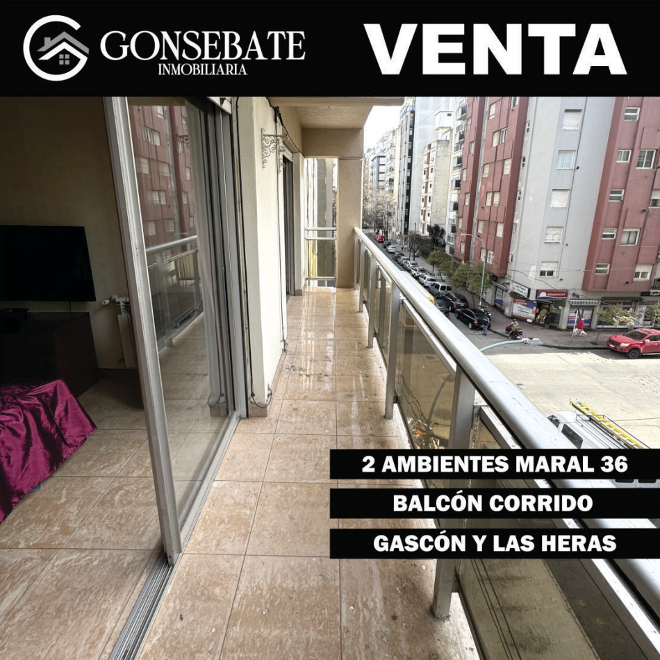 Departamento 2 ambientes con balcon corrido al frente.